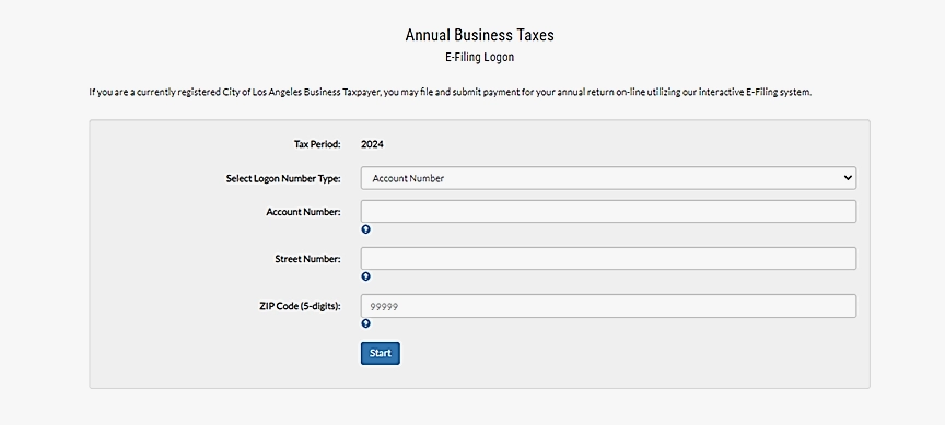 Annual Business Taxes E-File Log on