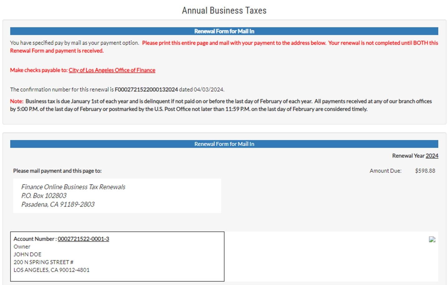 Annual Business Taxes E-File payment options Continued