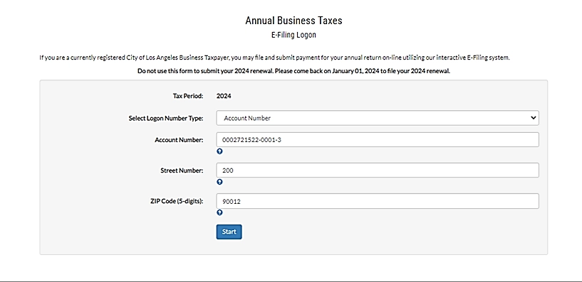 Annual Business Taxes E-File Log on