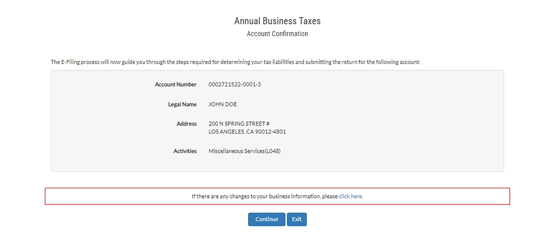 Annual Business Taxes Account Confirmation
