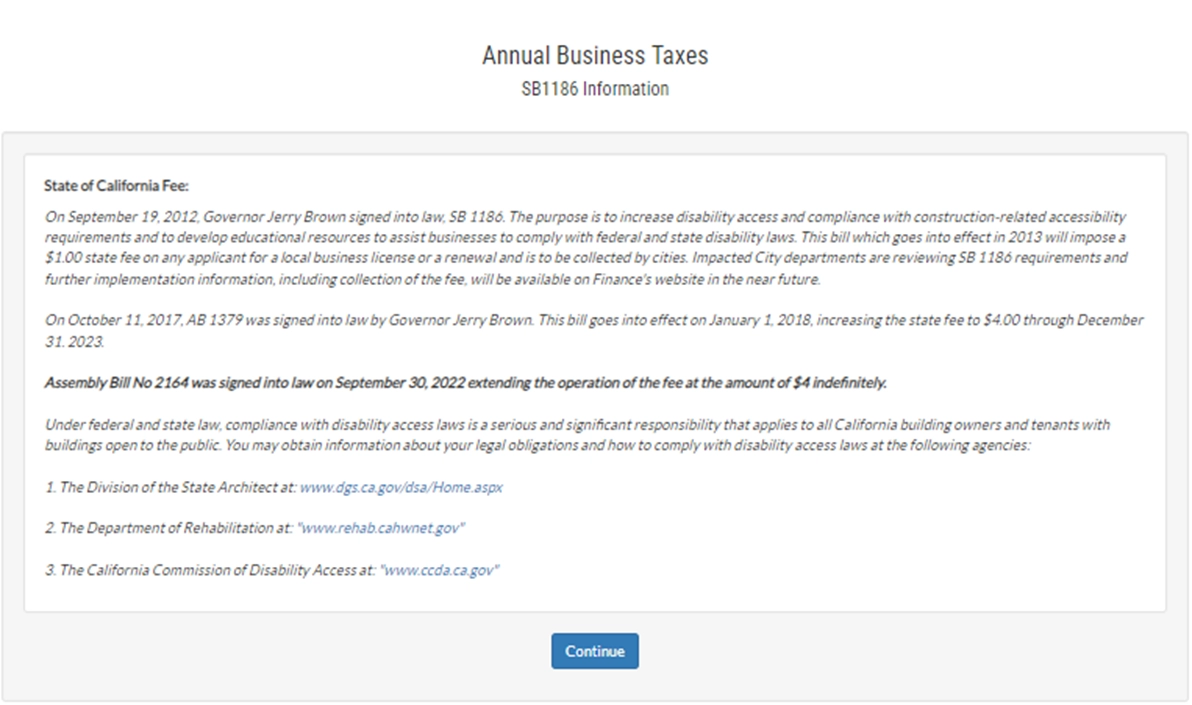 Annual Business Taxes E-File SB1186 Information