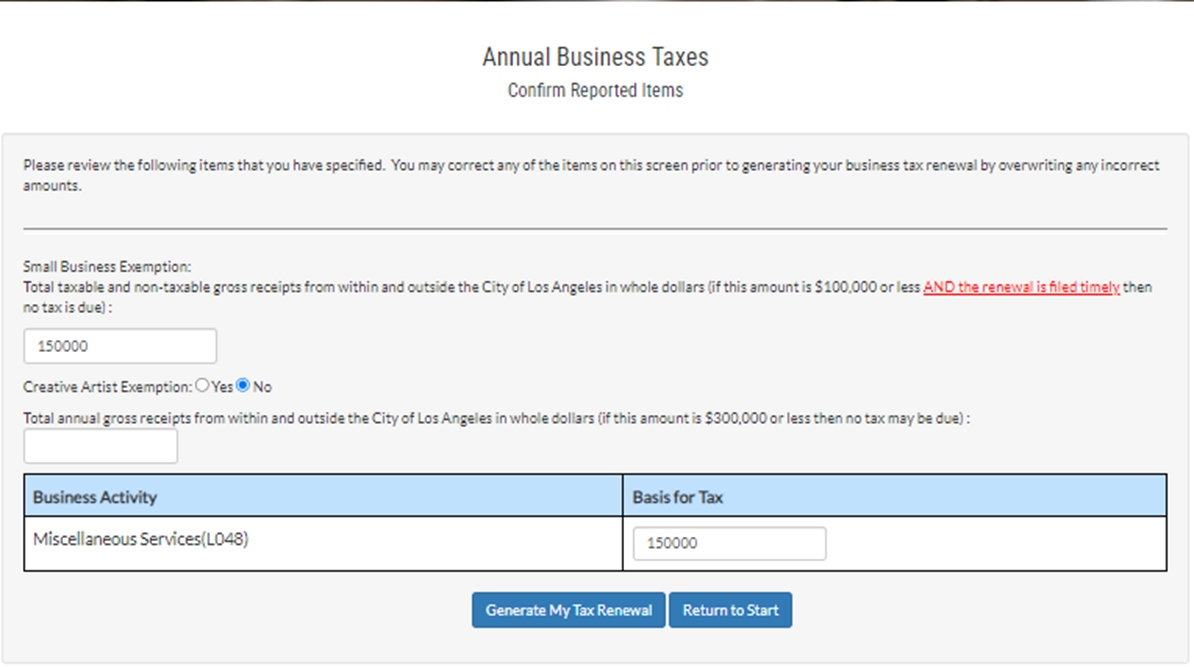 Annual Business Taxes E-File confirm Reported Items