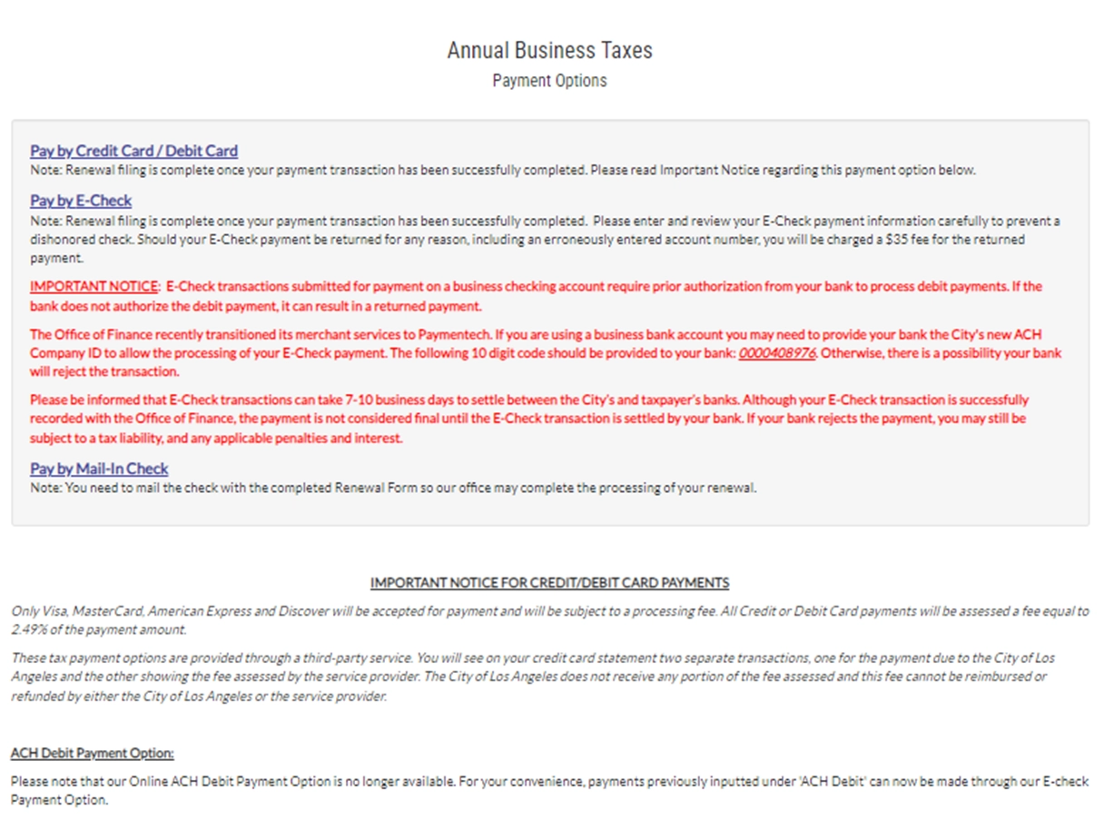 Annual Business Taxes E-File payment options