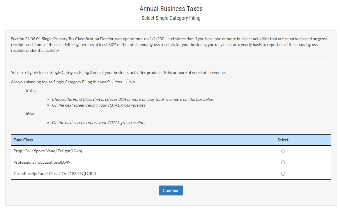 Annual Business Taxes E-File Single Category Filing